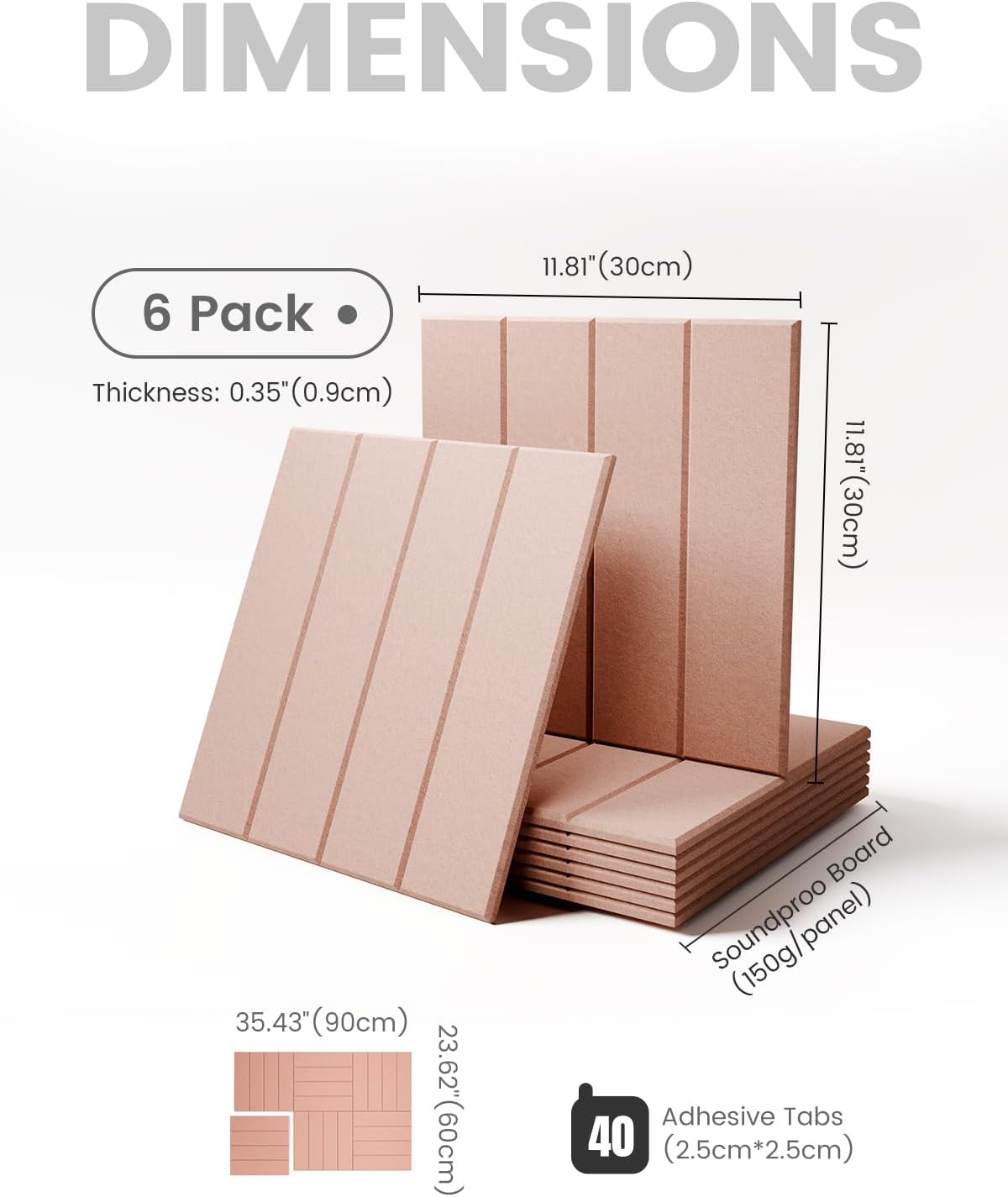 Felt Bulletin Board Tiles Large 36" x 24" Cork Board Alternative-6 Pack with 40 Adhesive Tabs, Thick Slat Wall Panels for Office Decor, Push Pin Board Wall Organizer Alternative - Pink