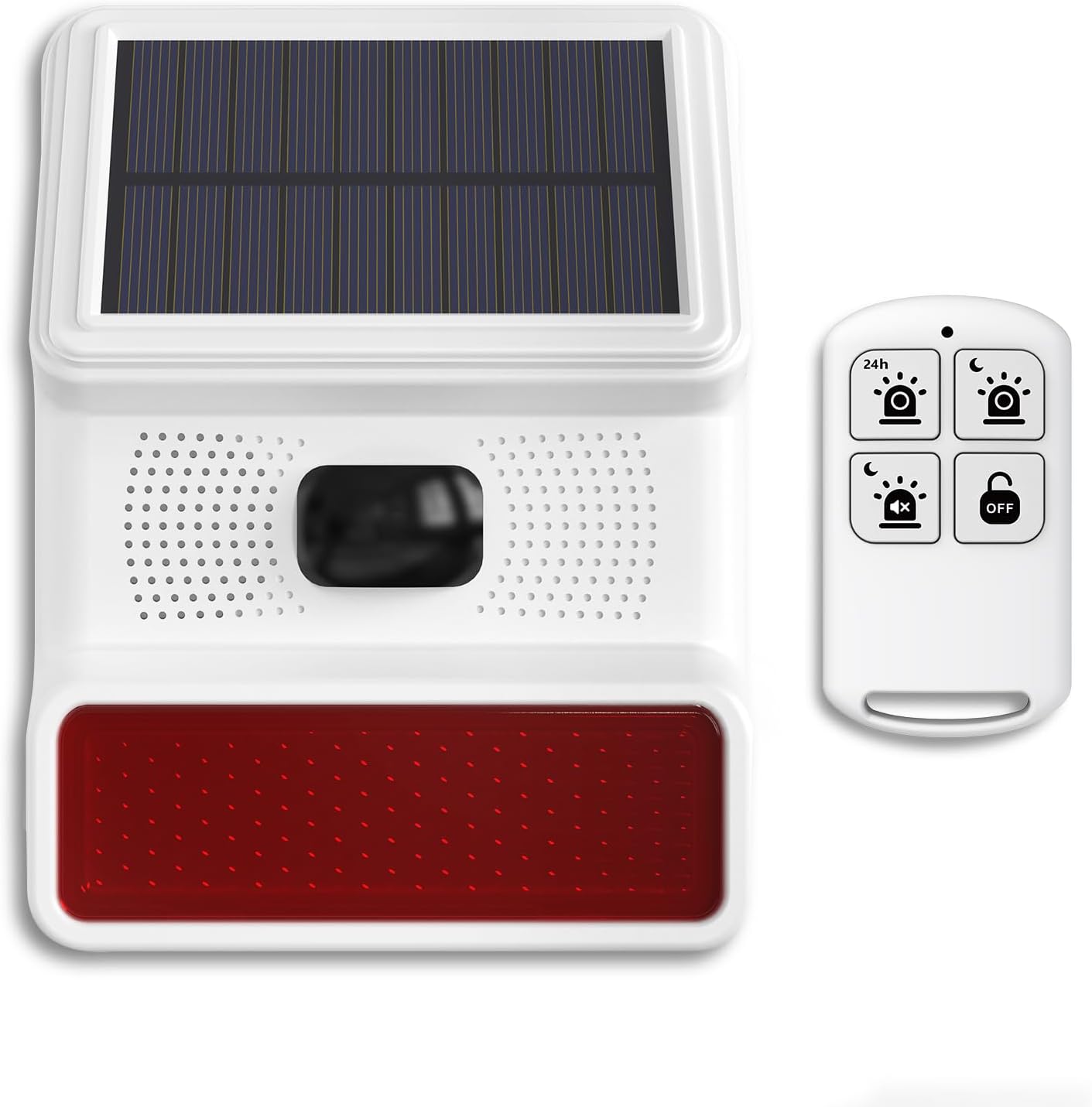 PGST Solar Alarm Motion Detector,Outdoor Security Siren Sensor with Flashing Light,IP65 Waterproof,Remote Control,21 Sound Switching Options,120dB Loud Noise Maker for Farm,Yard,Garden,Fish Pond