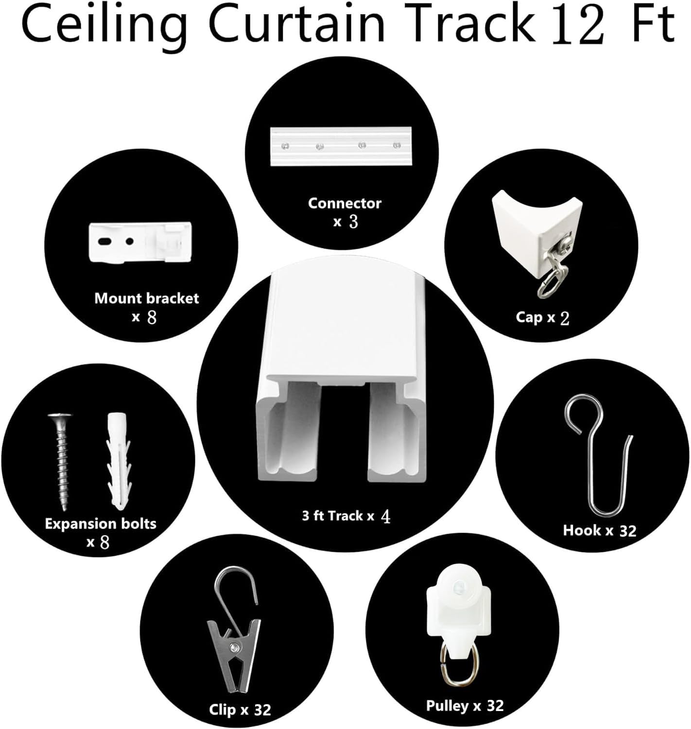 Ceiling Mount Curtains Track Room Divider Privacy Partition Separator Curtain Tracks Rods Heavy Duty RV Shower Outdoor Rail Clip Hook Set, White 3-12ft