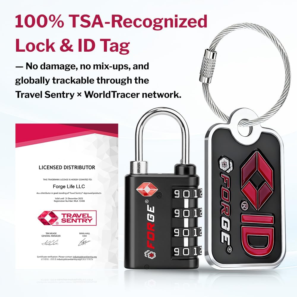 Forge Dual-Opening: Key or Combination Lock, TSA Approved Lock for Luggage, Pelican case, Travel, Gym, School, Luggage Combination Lock, Travel Bag Lock (Black 2 Locks and 2 ID)