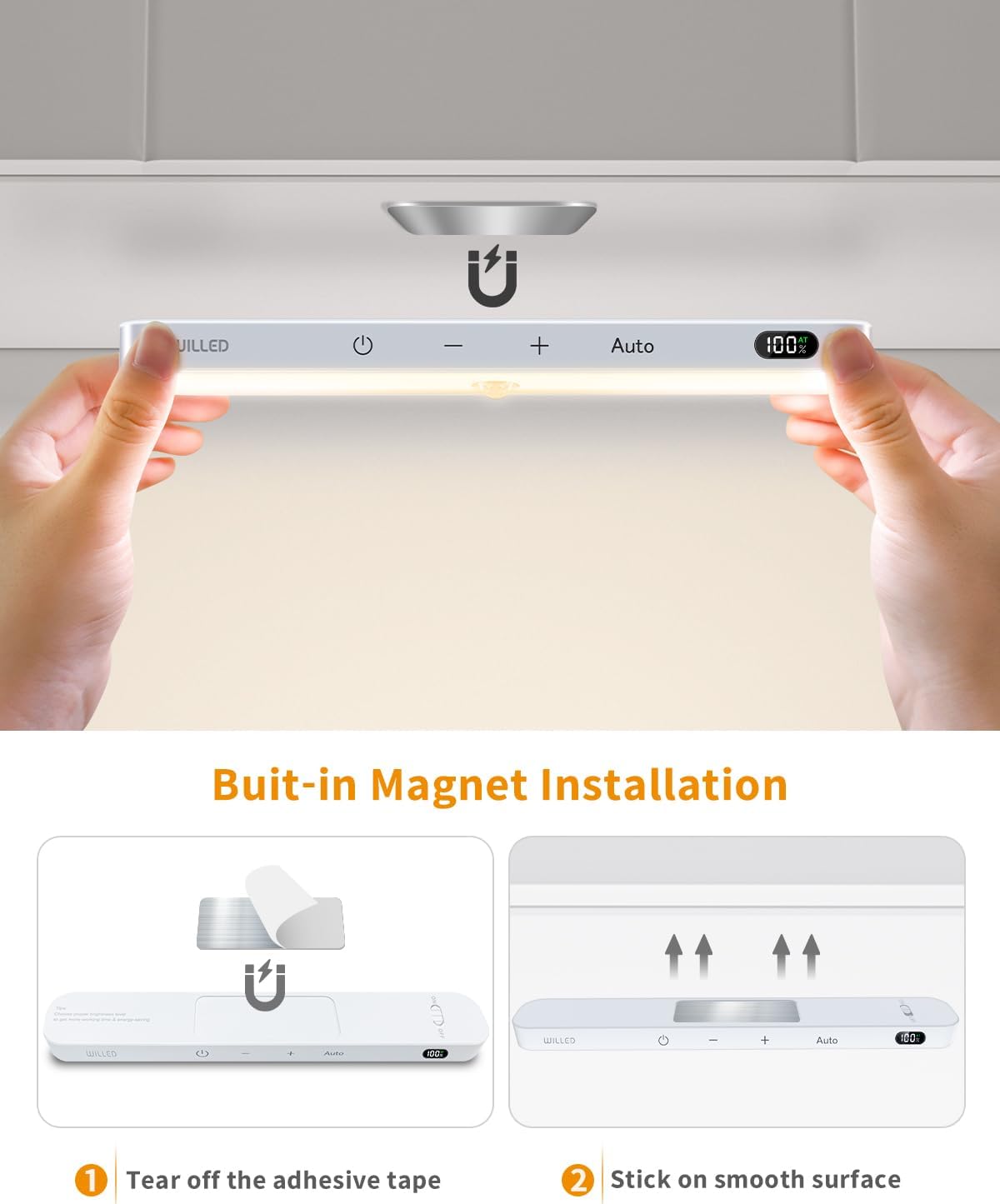 WILLED 3000K Closet Lights Motion Sensored, Battery Display, 60 LED Touch Light Bar, Motion Sensor Light Indoor, Under Cabinet Lights Rechargeable, Stick on Lights for Closet, Kitchen, Hallway, 2 Pack