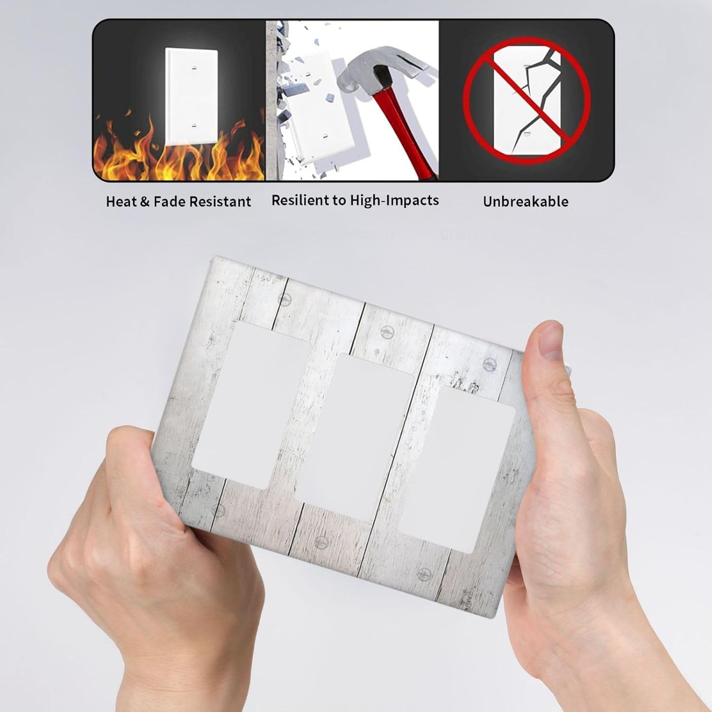Rustic White Grey Wood Grain Light Switch Covers 3 Gang Rocker Decorative Triple Outlet Wall Plate Cover Electrical GFCI Switchplate for Bedroom Bathroom Decor