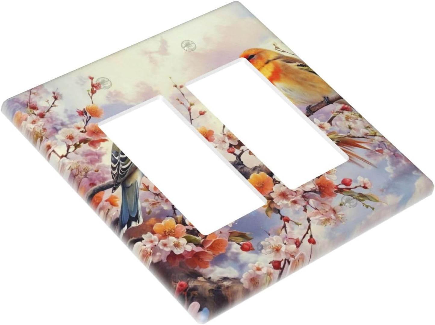 Birds Sitting on Flowers Tree Branch Dual Outlet Covers Wall Plate 2 Gang Rocker Decora Decorative Switch plate Electrical Faceplate GFCI Light Switch Covers for Farmhouse Living Decor