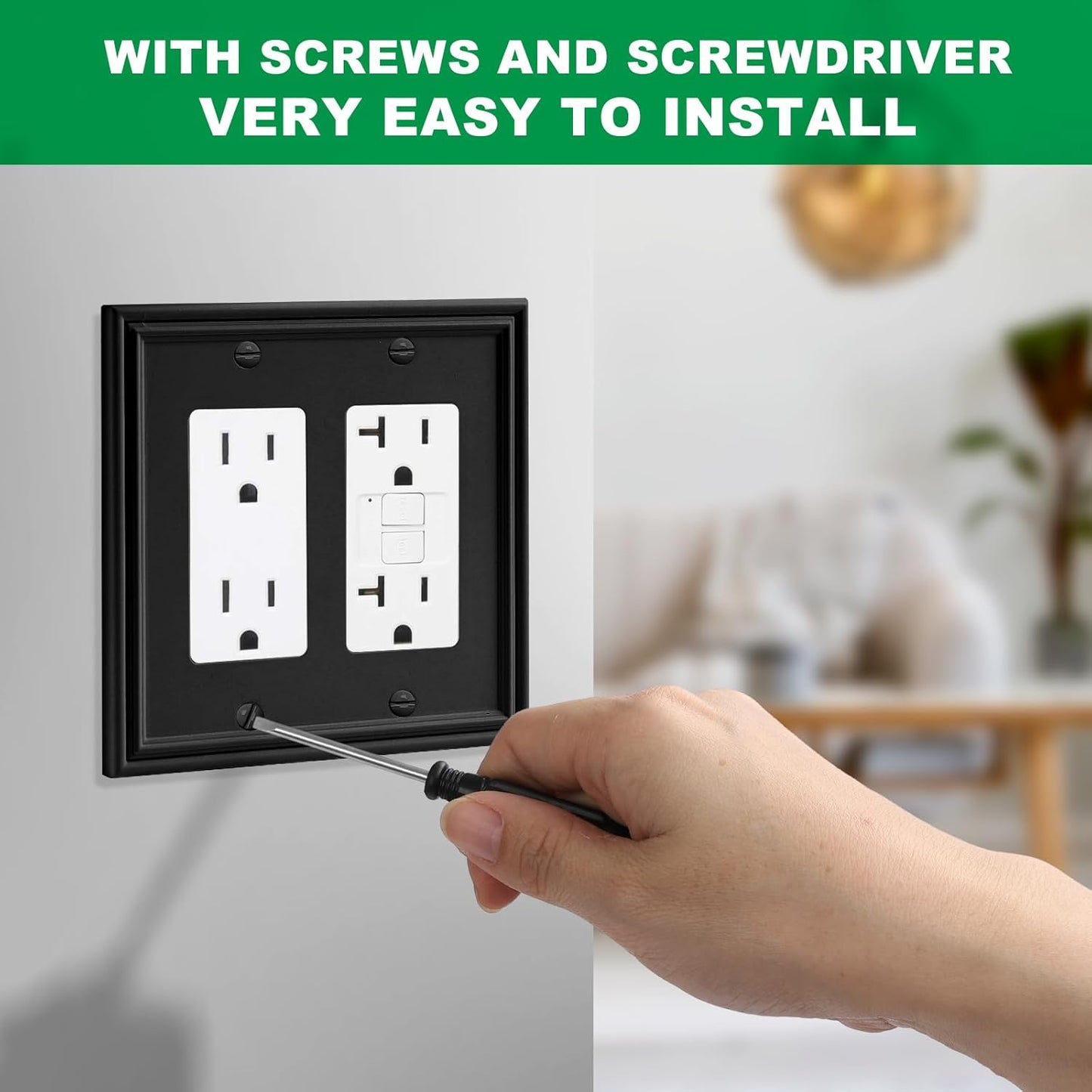 Black Modern Decorative Wall Plate Light Switch Cover Decorator Outlet Covers Rocker Switch Plates Bamboo Fiber Material Wall Plates for Kitchen Bathroom (2 Gang Double Decorator-2 Pack)