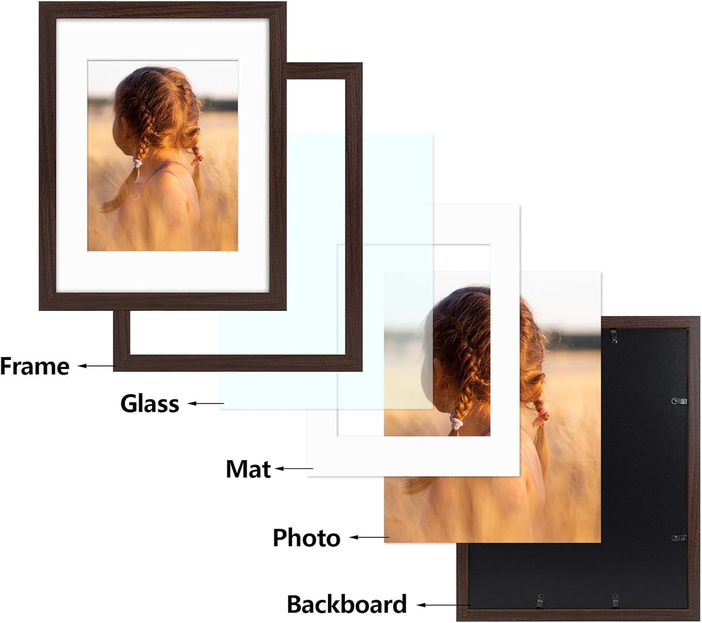 Golden State Art, 11x14 Picture Frame with Mat for 8x10 - High Definition Glass Wall Mounting Horizontal Vertical Display (Brown, 1 Pack)
