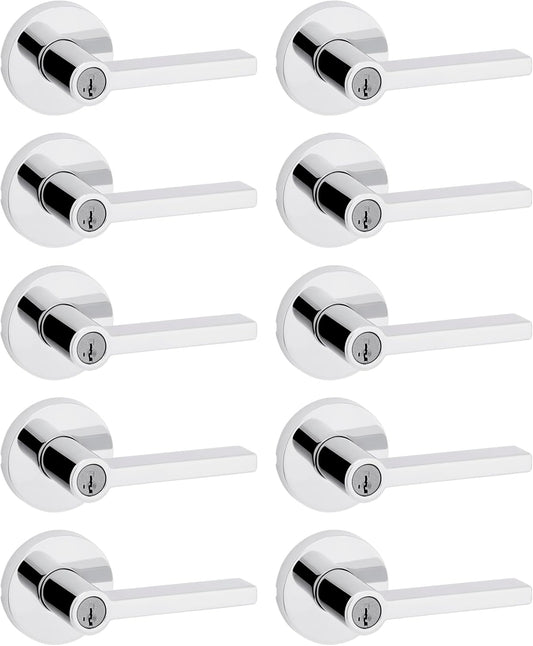 Kwikset Halifax Entry Door Handle with Lock and Key, Secure Keyed Reversible Lever Exterior, for Front Entrance and Bedrooms, Polished Chrome, 10 Pack, Pick Resistant SmartKey Rekey Security