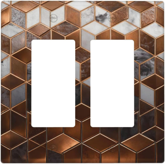 Brown Abstract Luxury Modern Geometric Cubic Marble 2 Gang Double Rocker Decorative Light Switch Covers Electrical Faceplate Switch Plates for Bathroom Kitchen Home