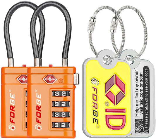 Forge TSA Approved Cable Luggage Locks with TSA008, 4-Digit Combination & Open Alert Indicator, Zinc Alloy Body, 2 Orange Travel Locks with 2 TSID Smart Lost & Found Tags for Luggage & Suitcase