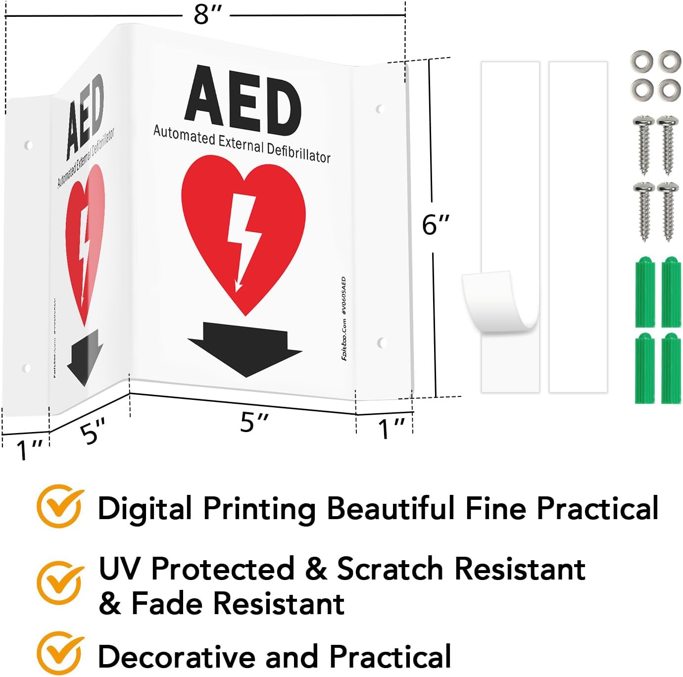 Faittoo AED Sign, AED with Down Arrow - 5 Pack 6 x 8 Inches V-Shaped Acrylic Plastic, 4 Pre-Drilled Holes, Includes Matching Screws, Use for Home Office/Business