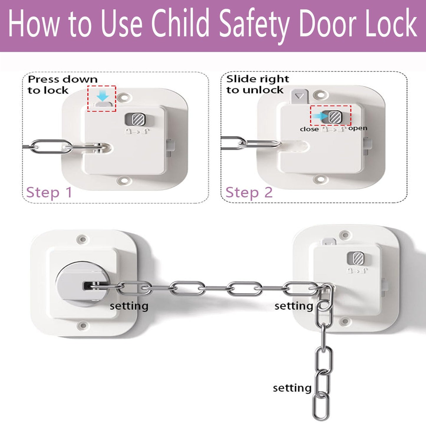 Child Proof Door Lock with Adjustable Strap, Cat Door Latch 3M Adhesive Safety Locks for Baby, Dementia & Pets, No Tools Needed 2 Pack