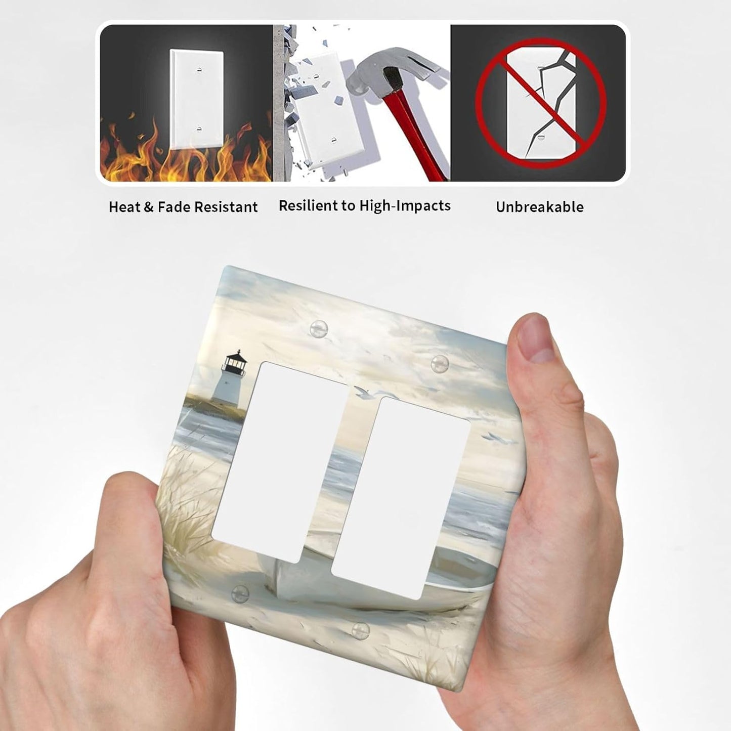 Decorative Outlet Covers Seascape Painting with Lighthouse Boats 2 Gang Wall Plate Double Rocker Light Switch Cover Double Switch Plate Cover for Bedroom Home Decor（2 Pack）