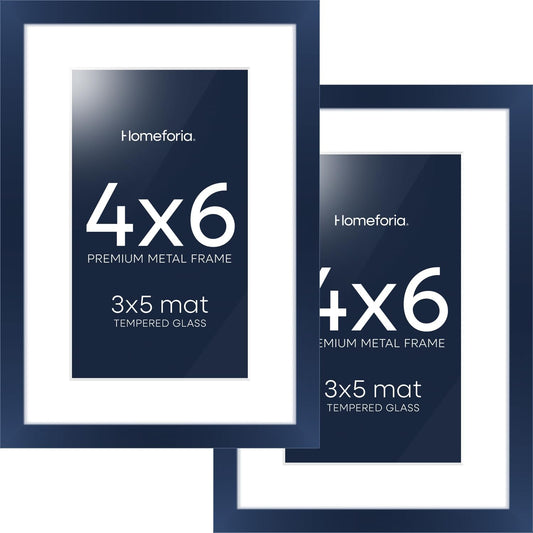 Homeforia Navy Blue 4x6 Picture Frame, High End Metal 4 x 6 Frames with Mat 3 x 5 for Print, 4by6 Desk Frame Matted to 3x5 inch Photo, 4 by 6 Wall or Tabletop Frame, Tempered Glass, Wall Kit, Set of 2