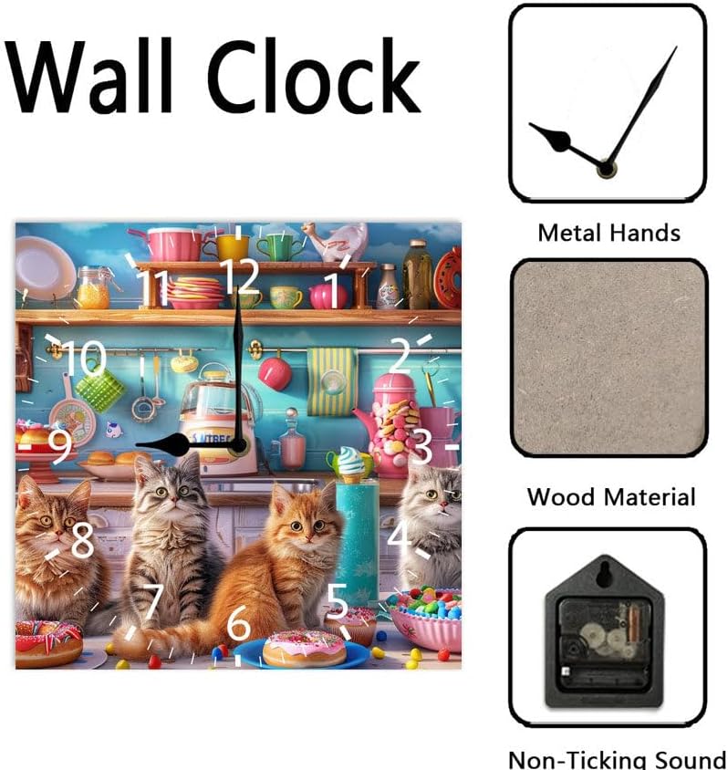 10 in Kitchen Kittens and Donuts -268 Wood Wall Clock – Digital Time Display, Smart Home Compatible for Bedside or Workspace