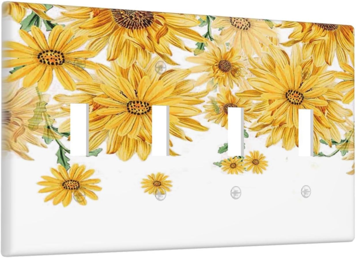 Sunflower Yellow Flowers Floral Light Switch Covers Quad Toggle Electrical Faceplate 4 Gang Wall Plate Decorative Switch Plates for Bed Room Living Room Decor