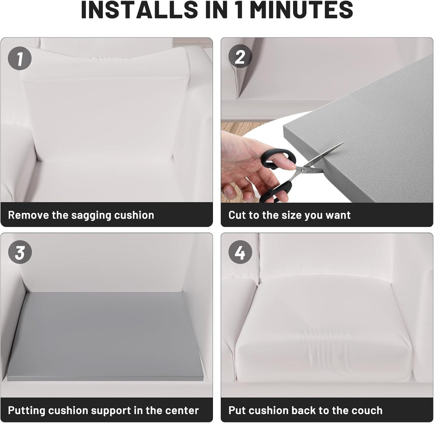 Couch Cushion Support for Sagging Seat – 3 Pack 22x22x2.4 Inch Sofa Cushion Board Saver & Replacement Insert for Saggy Couch or Chair, Quick No-Tool Install with 40D High Density Foam