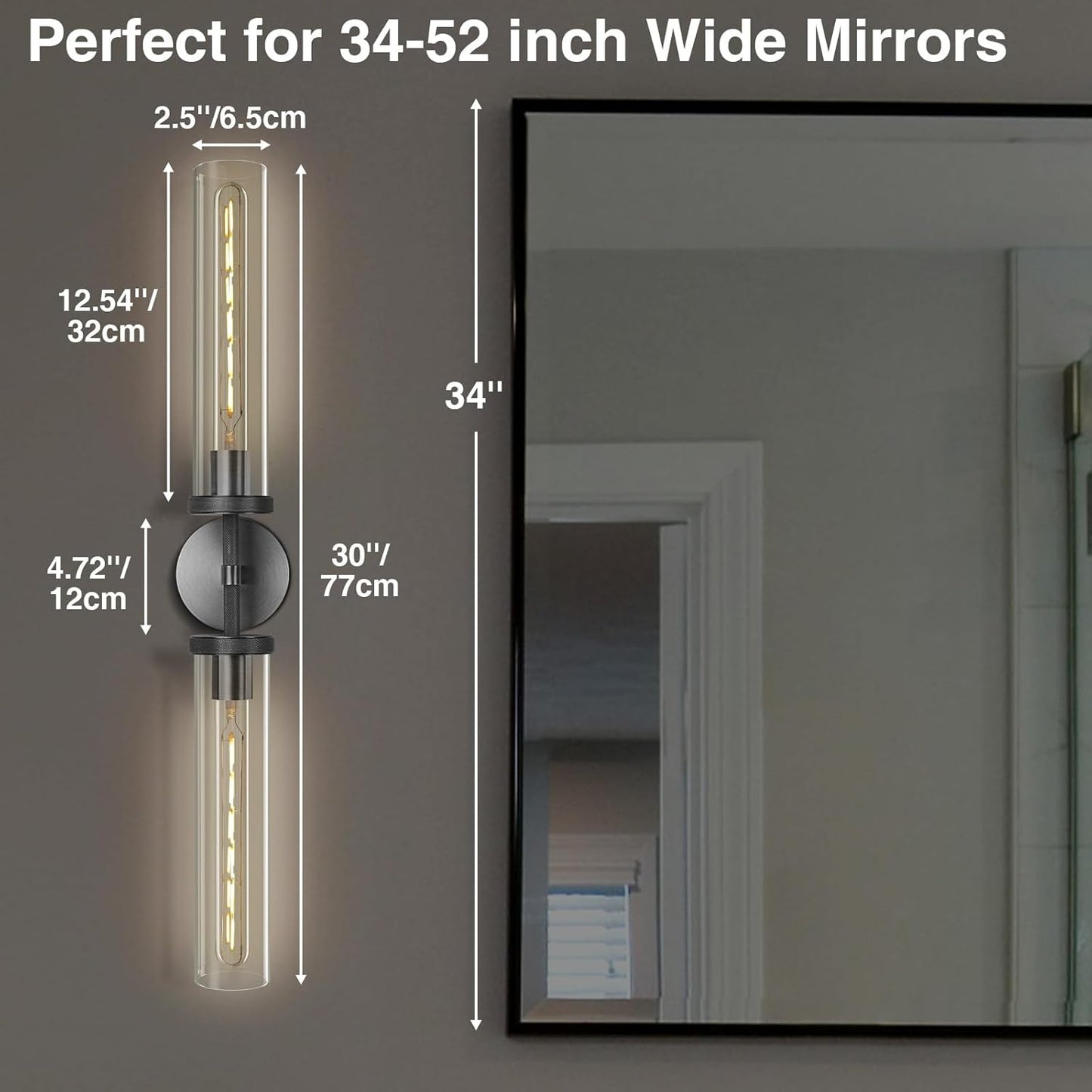 Black Wall Sconces Set of Two, 30" Modern Wall Lighting, Double Lights with Clear Glass Tubes, Knurled Vanity Light for Bathroom, Living Room, Bedroom, Hardwired (Including Bulb)