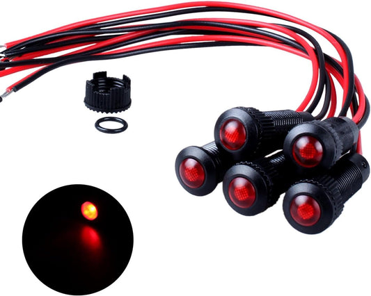 5pcs 8mm LED Indicator Light Plastic Black Signal Dot Lamp 110-220V AC 5/16" Mounting Hole Size with 15cm/5.9in. Wire (Red LED)
