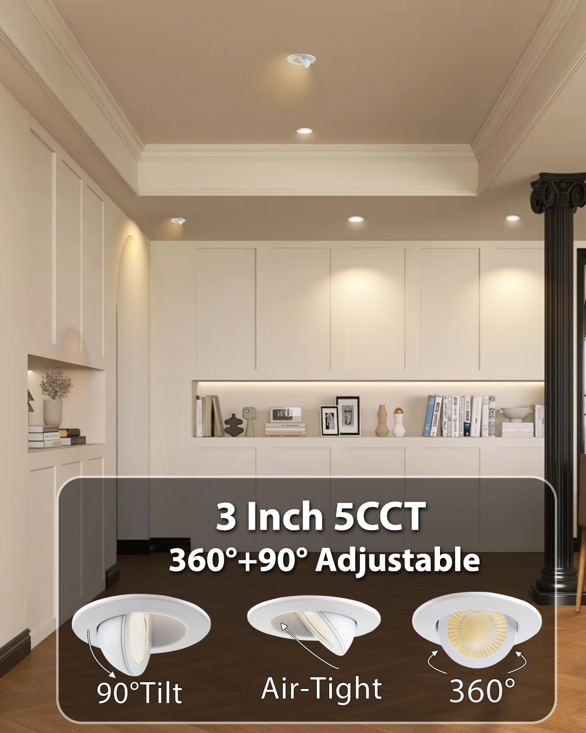 Adetu 3 Inch 5CCT Gimbal Led Recessed Lighting with Junction Box, 2700K/3000K/3500K/4000K/5000K Selectable, 7W Eqv 80W, 360°+90° Adjustable Recessed Lights, 798LM Brightness - ETL (White, 1 Pack)