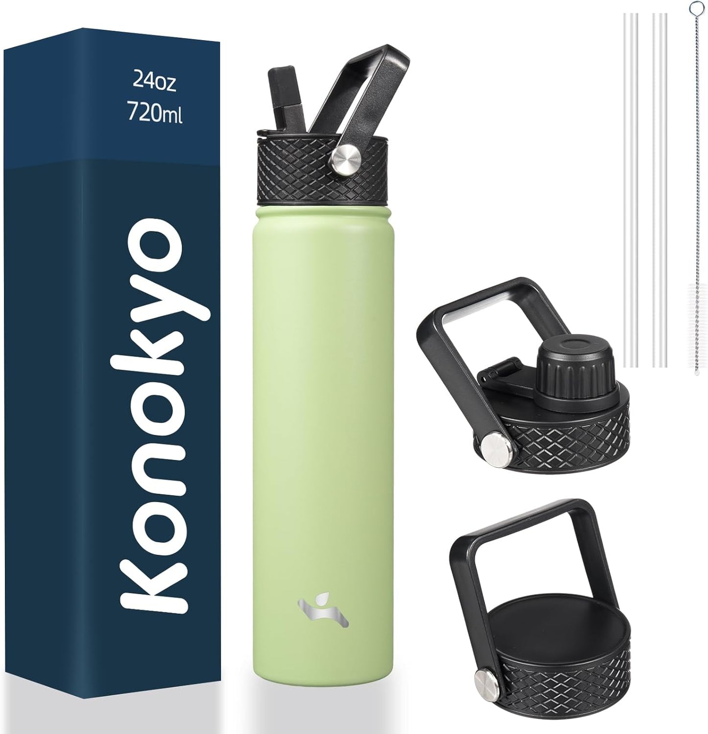 Insulated Water Bottle 24oz Stainless Steel Sport Bottles with 3 Lids,Macaron Green
