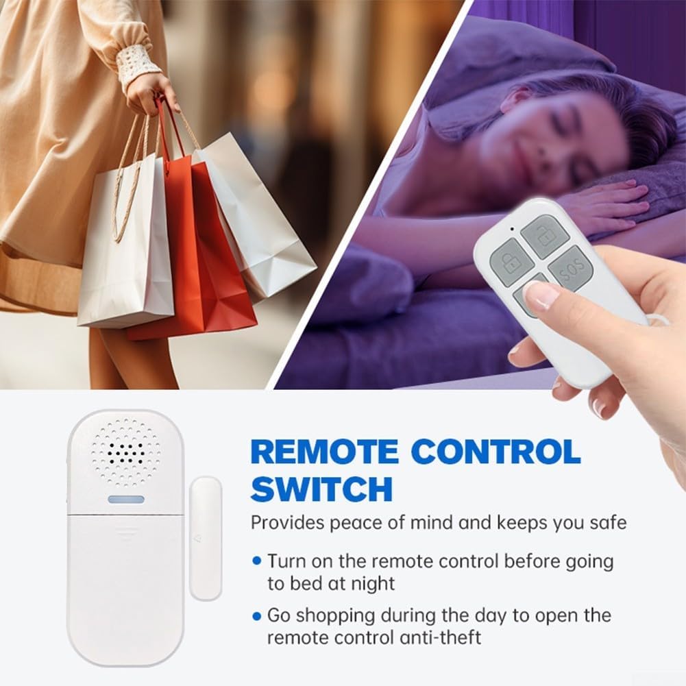 Wireless Door Alarm With 2 Remote Controls, 130DB Adjustable Volume, 5 Modes Sound And Light Alerts, Magnetic Sensor For Home Security