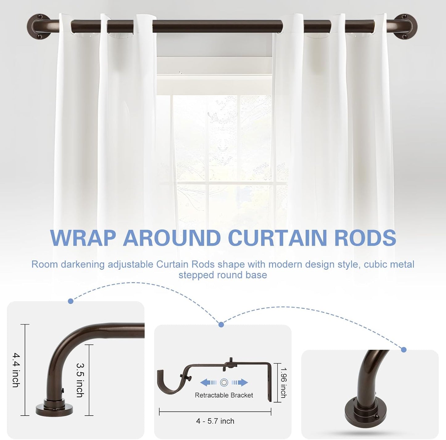 Bronze Wrap Around Curtain Rods 48 to 90 Inch:Blackout Heavy duty Adjustable Window Curtain Rod for Bedroom,Industrial Darkening Curved French Metal Single Drapery Rods Set Easy Install,Brown