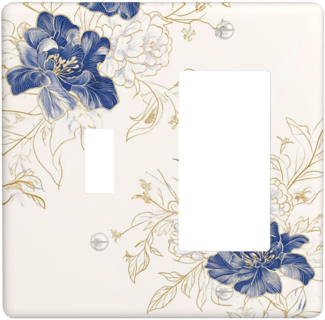 Decorative Outlet Covers Rustic Blue Flower Floral Gold Leaf 2 Gang Light Switch Cover Plate Single Toggle 1 Rocker Wall Plates for Electrical Outlets Switch Plate Covers for Home Decor