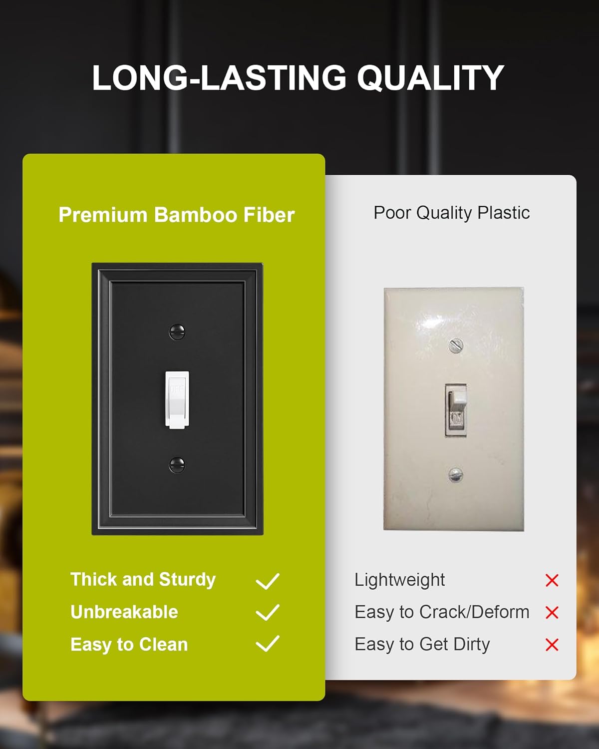 6-Pack Single Toggle Light Switch Covers Wall Plate, Black Decorative Switch Plate Covers, 1 Gang Natural Bamboo Fiber Wall Plate, Corrosion Resistant