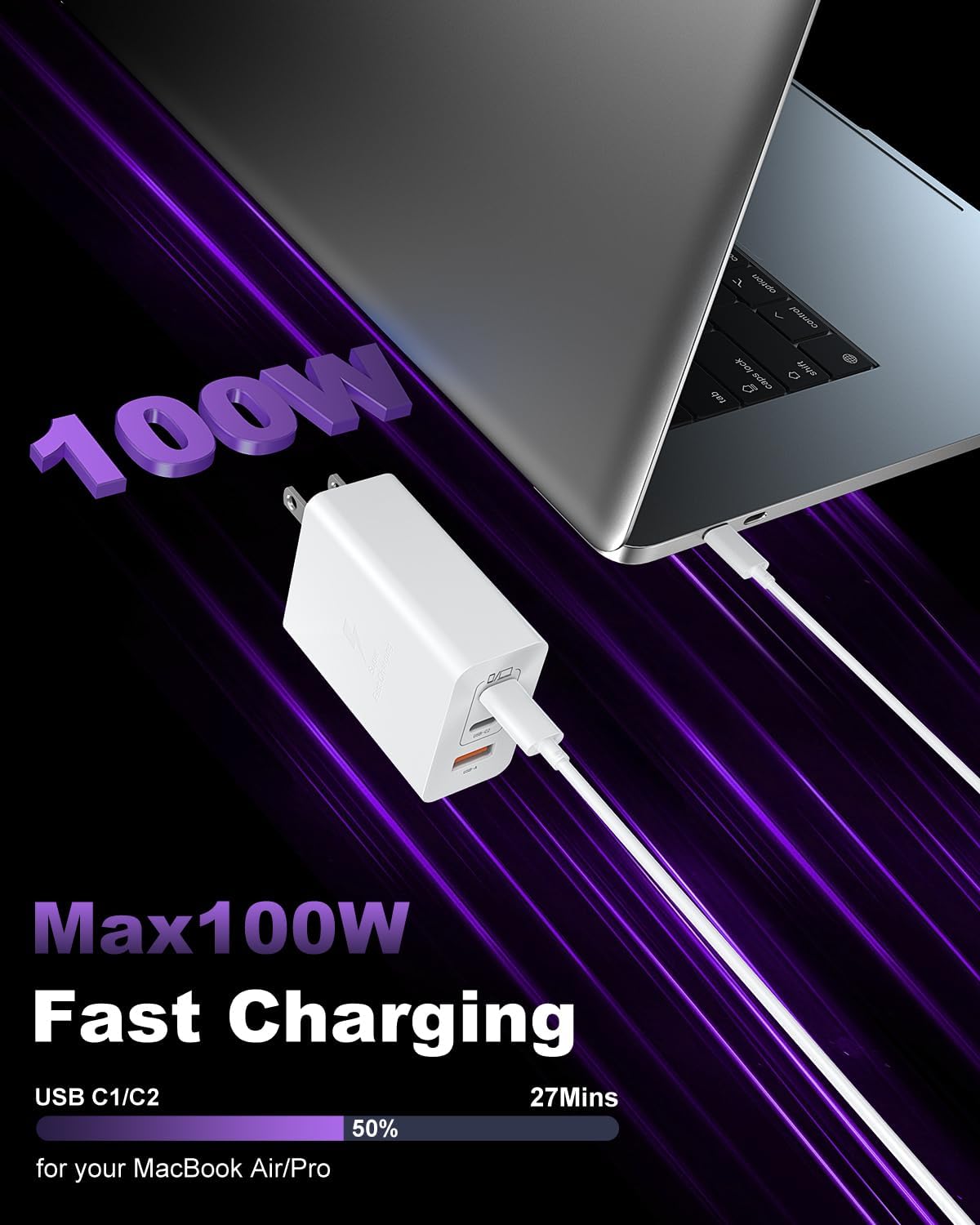 USB C Charger Block 100W, 3-Port GaN Super Fast Charger, Type C Wall Charger Adapter with 6.6ft USB C Charging Cable for MacBook Pro/Air,iPad Pro, i-Phone 16/15Pro, Galaxy S24/S23 and More[2 Pack]