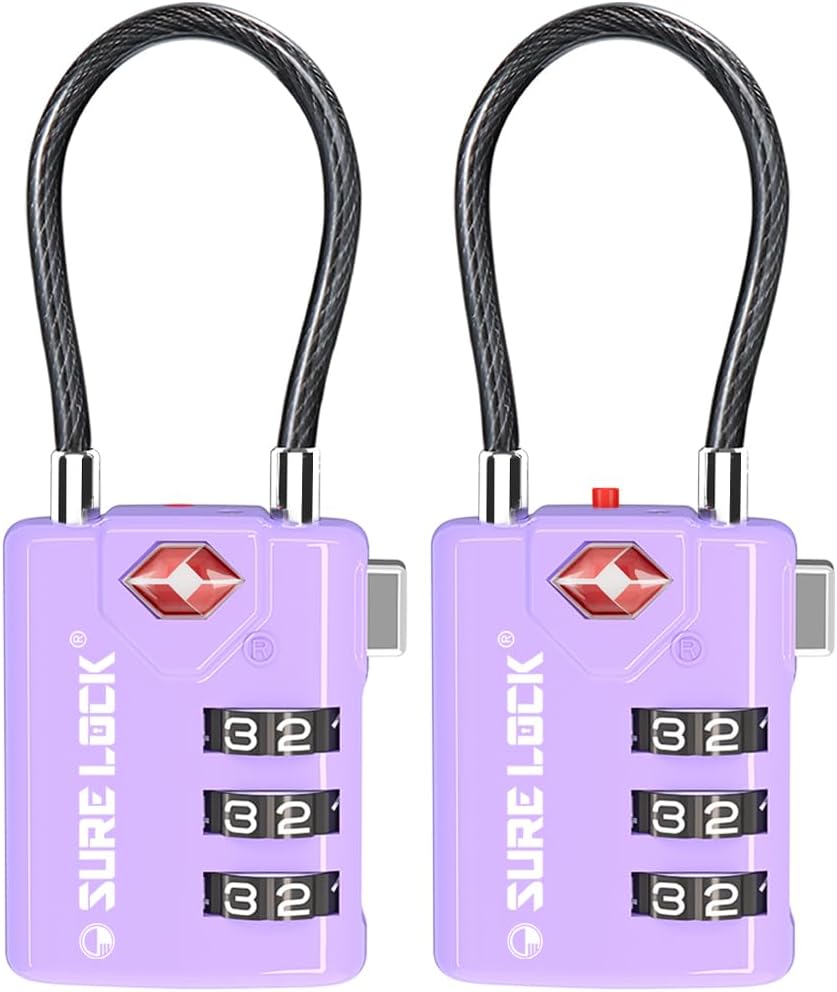 SURE LOCK TSA Compatible Travel Luggage Locks, Inspection Indicator, Easy Read Dials TSA Approved with Zinc Alloy (2, Purple 2 Pack)
