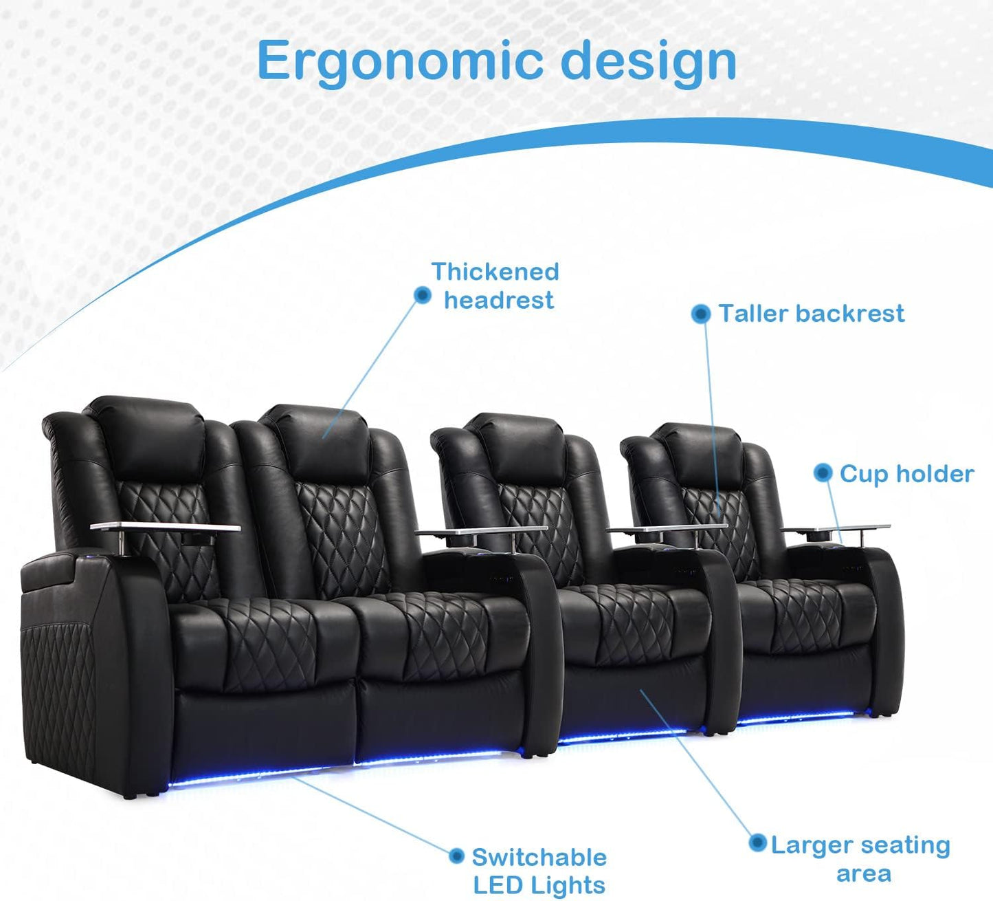 Weilianda Home Theater Seating Top Grain Leather Zero Gravity Recliner Chair Power Headrest Recline Movie Seat Gaming 7 Colors Mood Light Sofa with Tray Table USB Charge Row of 4 Loveseat Left Black