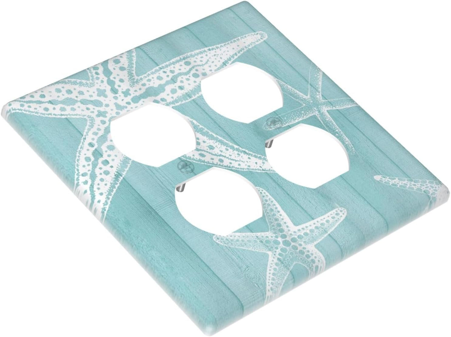 Decorative Outlet Covers Starfish Teal Wood Board Nautical 2 Gang Light Switch Cover Plate Double Duplex Wall Plates for Electrical Outlets Switch Plate Covers for Bedroom Home Decor