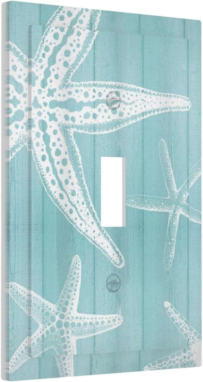 Decorative Light Switch Cover Plate Starfish Teal Wood Board Nautical 1 Gang Single Toggle Wall Plates for Electrical Outlets Outlet Covers Switch Plate Covers Faceplate for Bedroom Home Decor