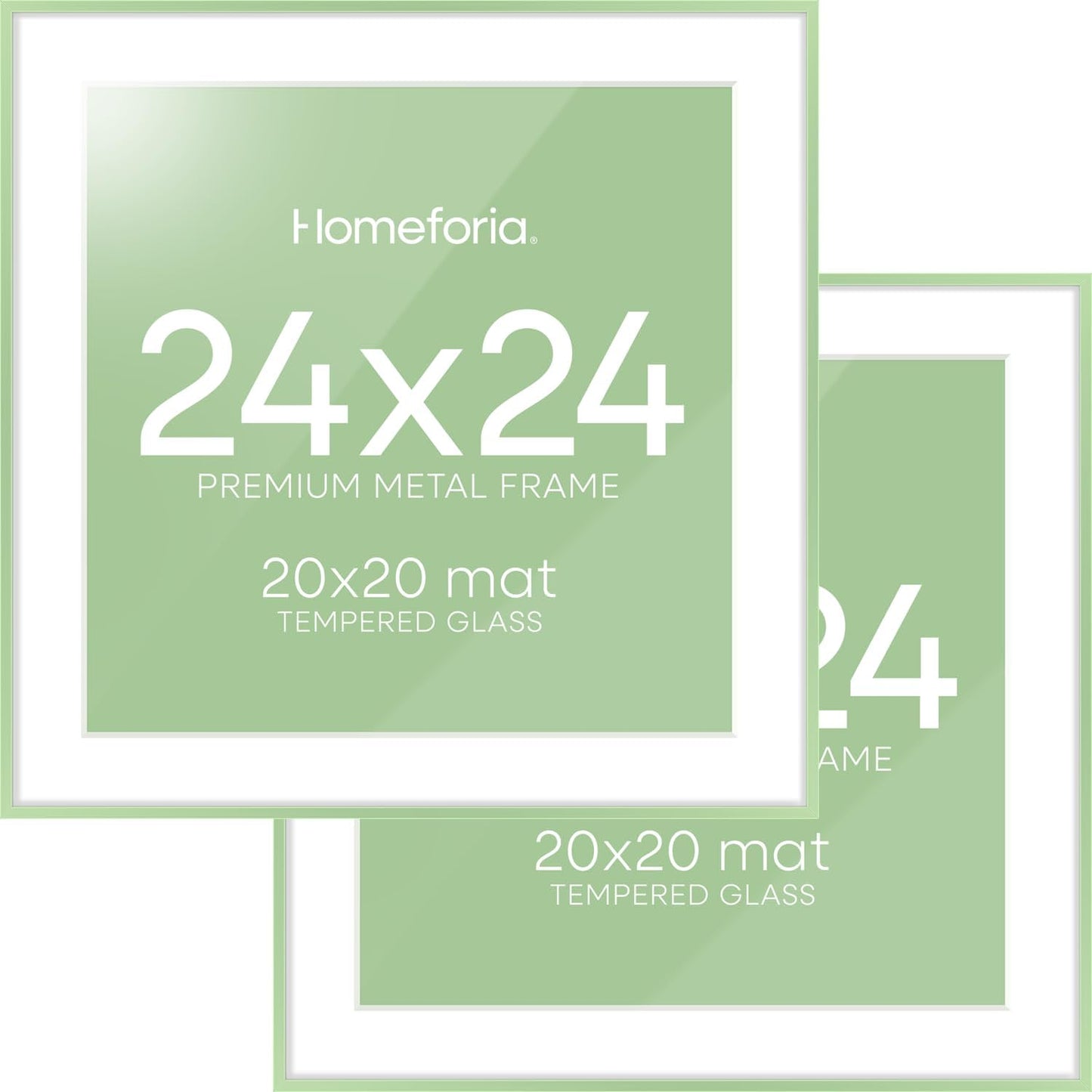 Homeforia 24x24 Picture Frame Sage Green, High End Metal 24 x 24 Large Square Poster Frames with Mat 20 by 20 inch Photo, 24by24 Thin Frames Matted to 20x20 for Art, Tempered Glass, Wall Kit, Set of 2