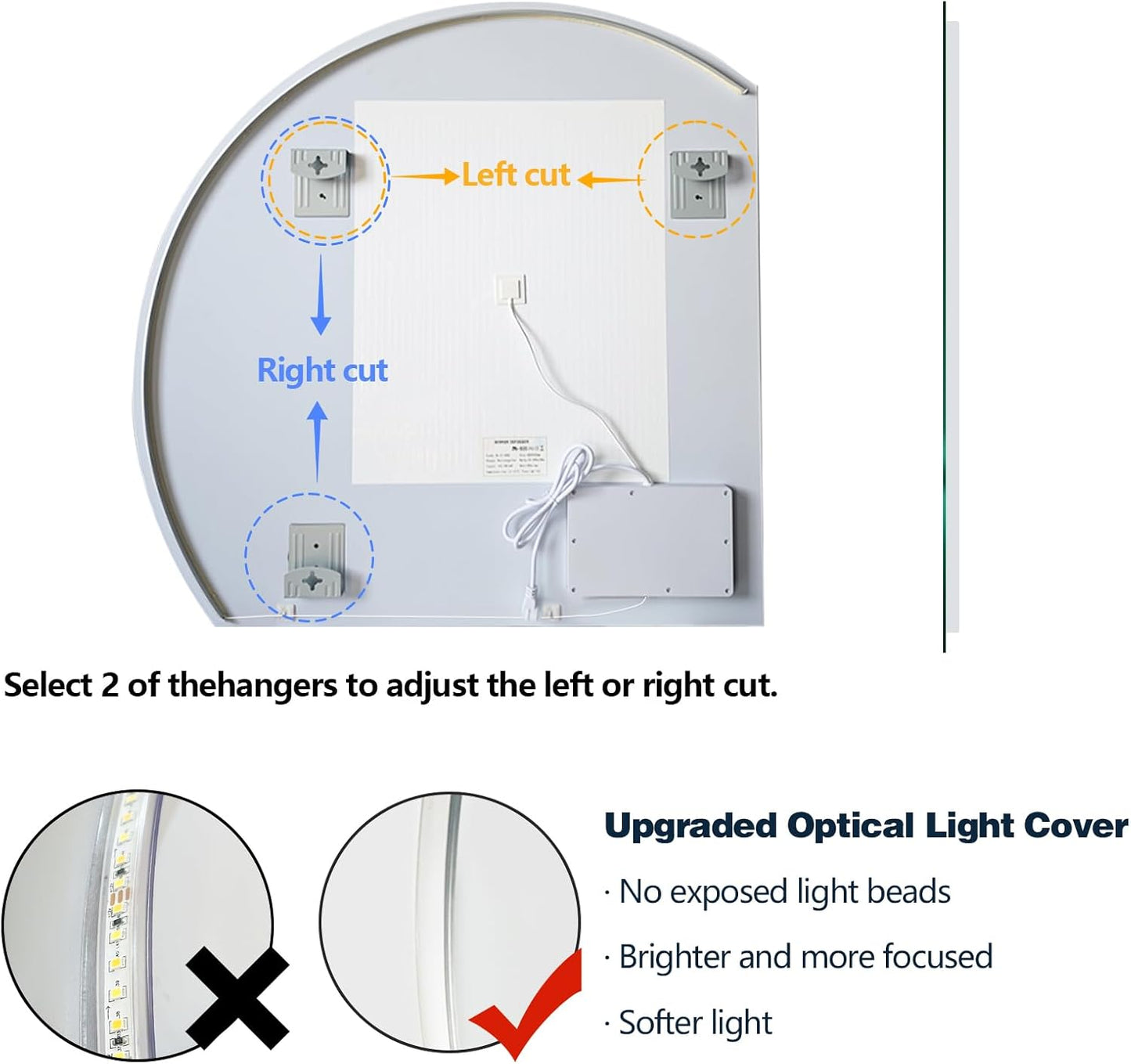 Niccy Half Moon LED Mirror for Bathroom, 28" Semi Backlit Frameless Makeup Mirror with Light, Anti-Fog, Shatter-Proof, 3 Colors, Smart Vanity Mirror