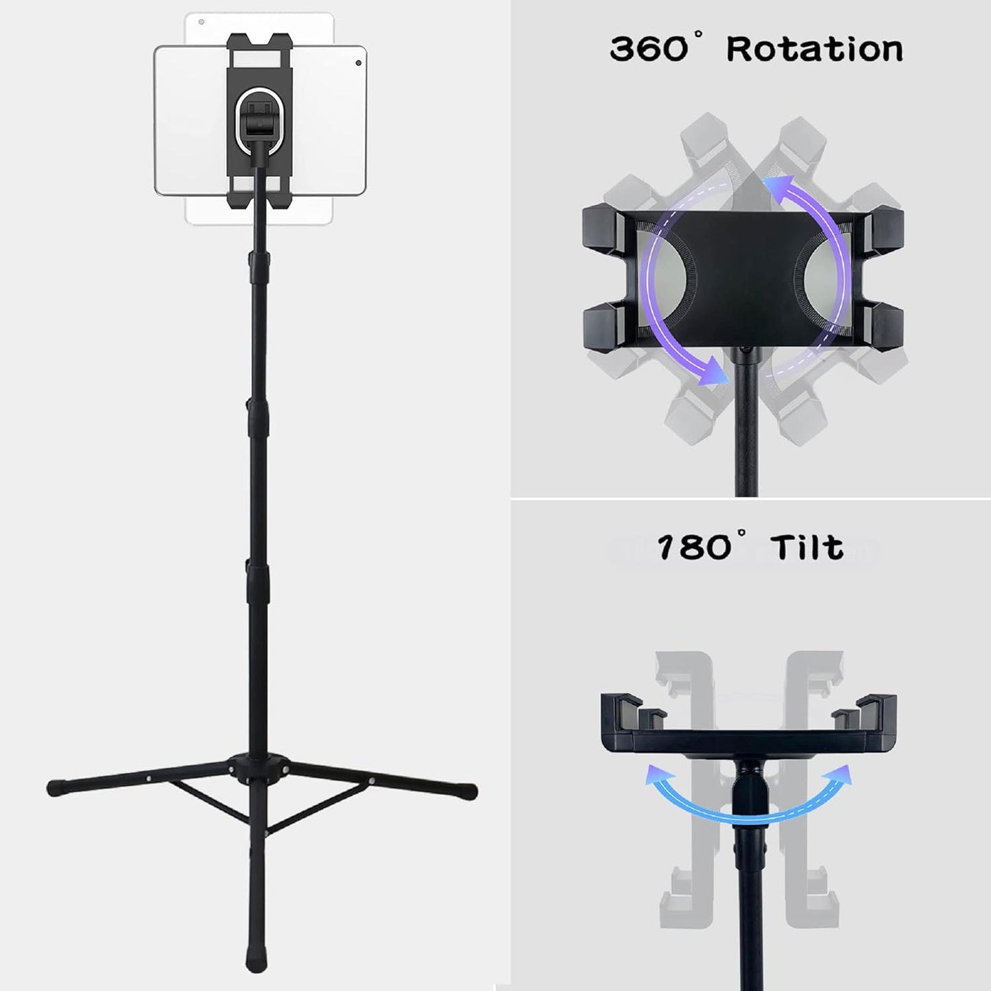 Raking Tablet Floor Stand, Height Adjustable Cellphone Floor Stand with 360°Rotating Tripod Mount, Compatible with iPhone iPad mini/Air/Pro and All 5.5-12.9 Inch Devices