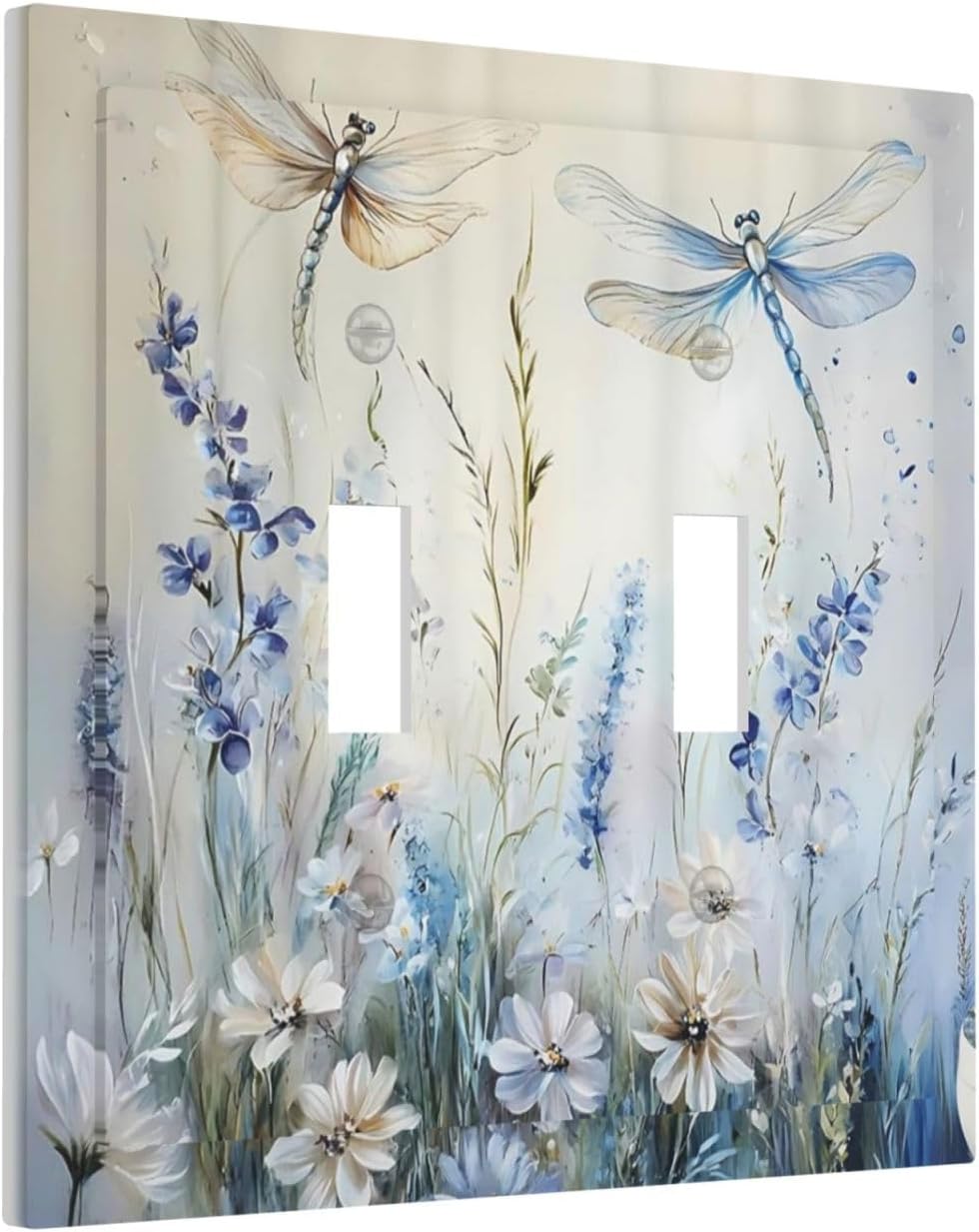 Decorative Light Switch Cover Plate Watercolor Dragonfly Blue Wihte Flower 2 Gang Outlet Covers Double Toggle Wall Plates for Electrical Outlets Switch Plate Covers Faceplate for Home Decor