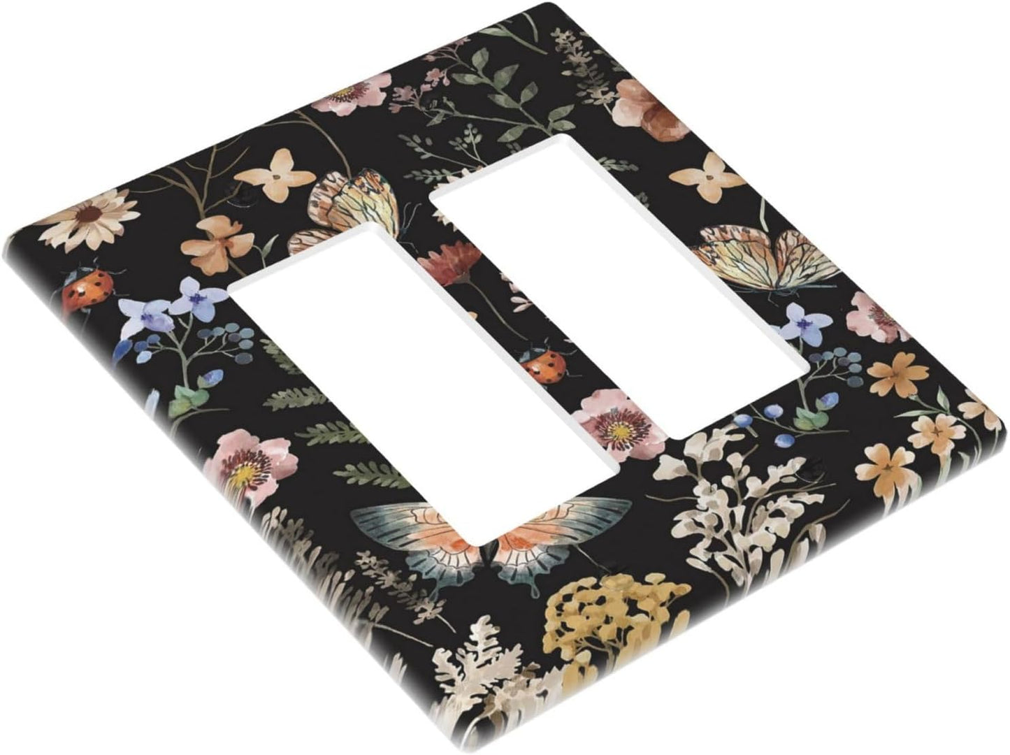 Decorative Outlet Covers Rustic Black Butterfly Flowers Leaves 2 Gang Wall Plate Double Rocker Two Switch Wall Cover Plate Jumbo Dual GFCI Faceplate for Country Bedroom Home Decor