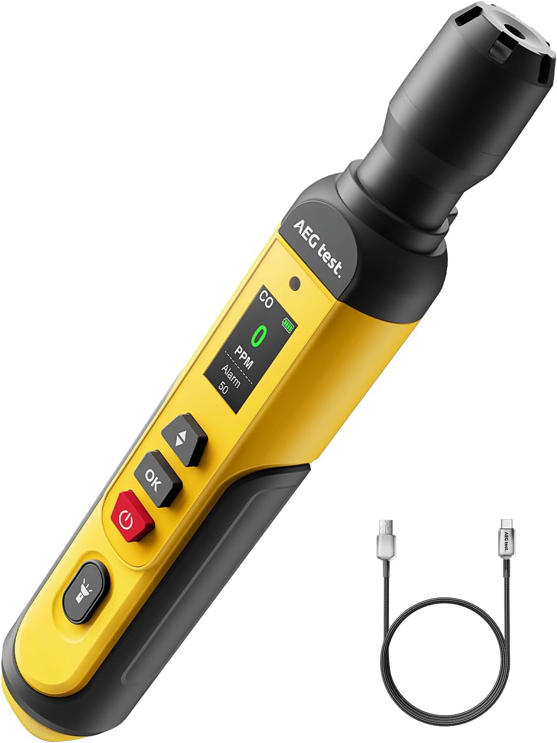 AGT-2459 Portable Carbon Monoxide Detector – Rechargeable, 0~1000PPM CO Detection with Visual & Audible Alarms, TFT Color Display for Home, Travel, Industrial, and Mobile Use – Yellow