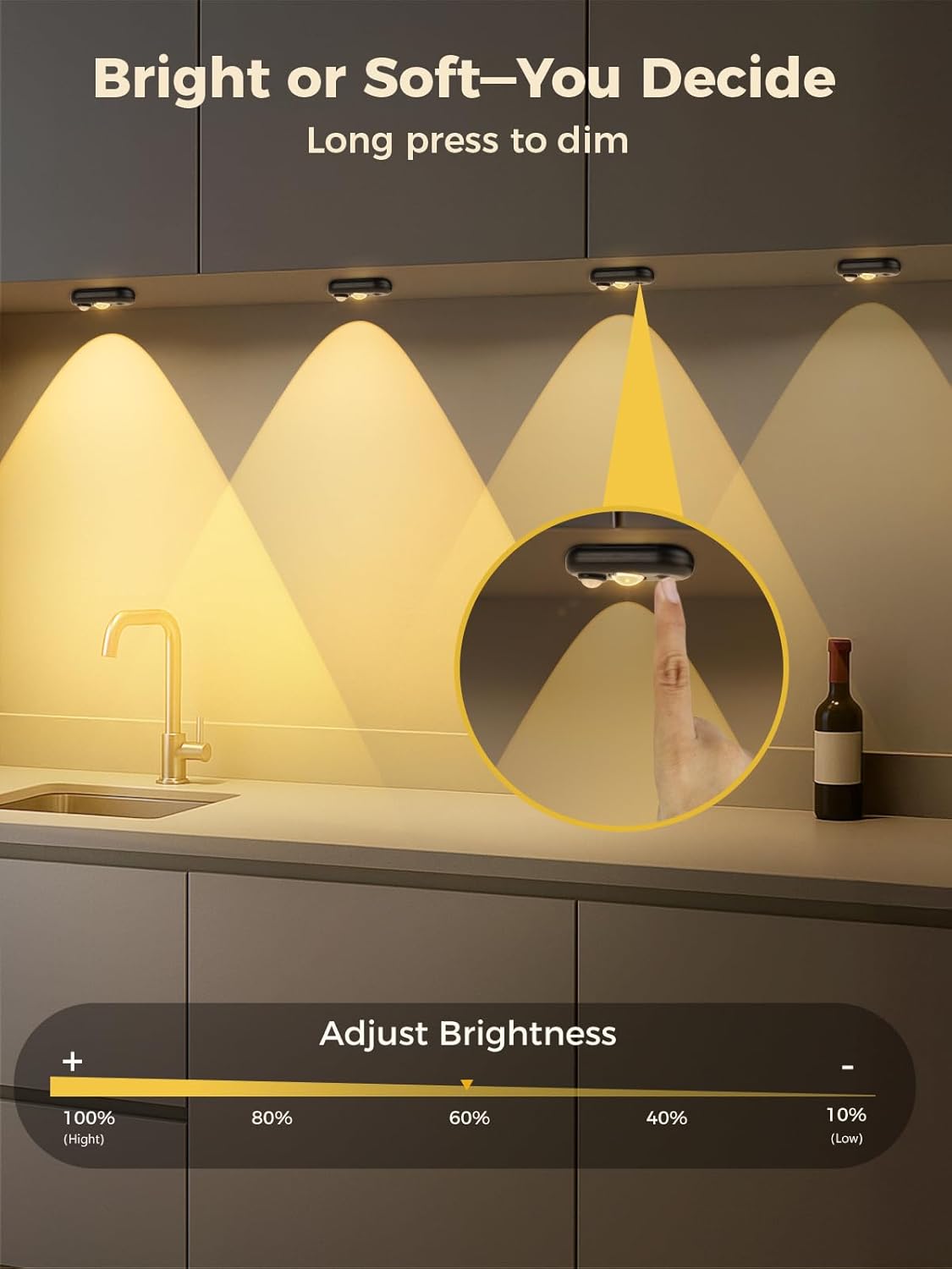 YGS-Tech LED Motion Sensor Light Indoor, Rechargeable Puck Lights, Magnetic Dimmable Under Cabinet Light, Wireless LED Lights for Closet, Kitchen, Stairs, Warm White, 6-Pack (Black)