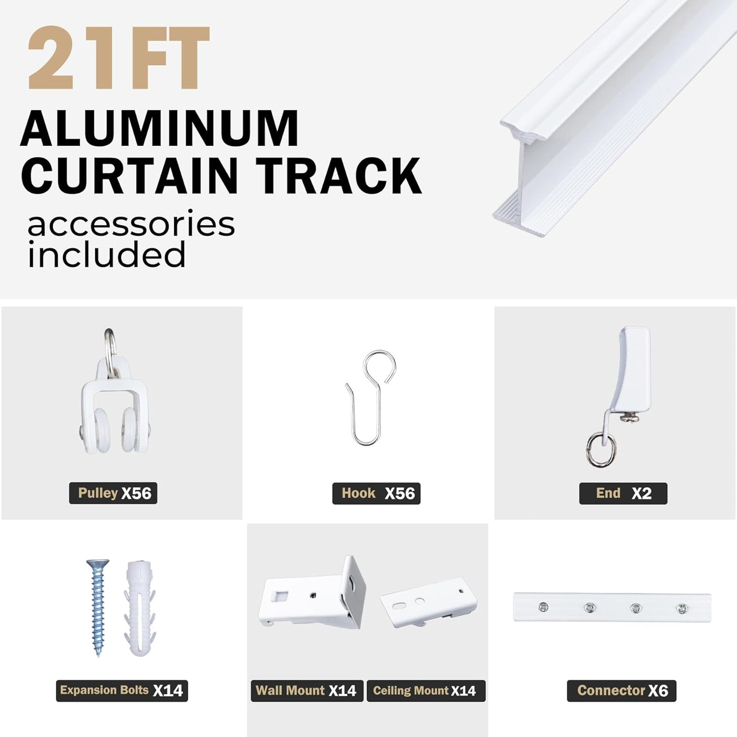 Aluminum Ceiling Curtain Track Set with Hooks Ceiling Mount and Wall Mount Room Divider Sliding Curtain Tracks Rods Flexible Heavy Duty Curtain Rail Hook Sets,White,21FT