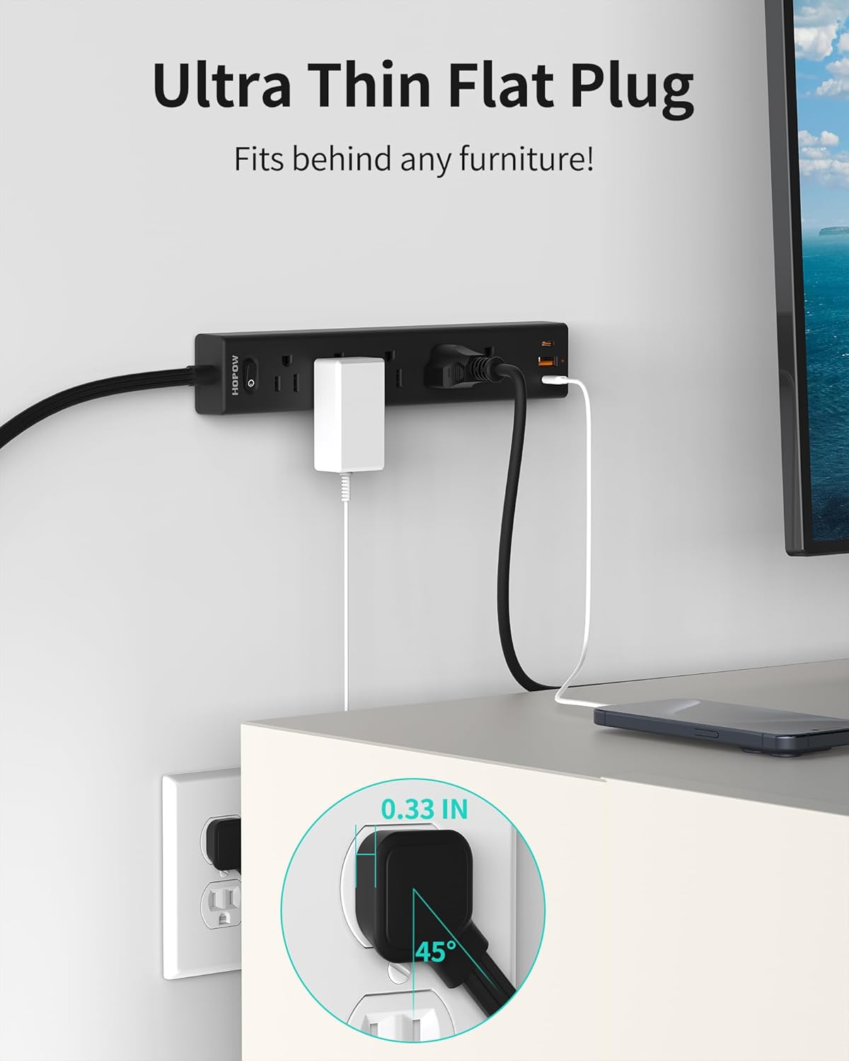 5Ft Extension Cord with Multiple Outlets, HOPOW Flat Plug Power Strip Surge Protector, 5 Outlets & 3 USB Ports (2 USB C), 1700 Joules, Wall Mount, Charging Station for Home Office Dorm, Black