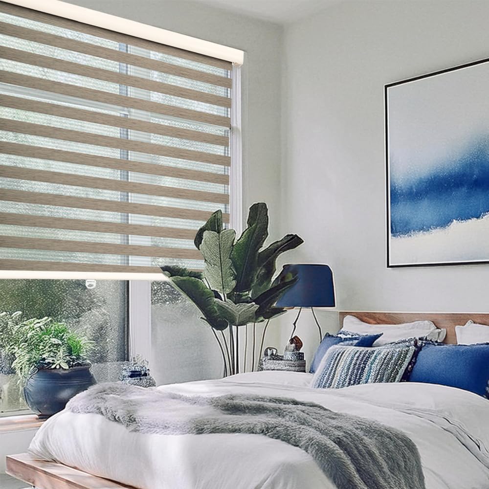 Shadesu Cordless Zebra Blinds for Windows, 52" W x 72" H, Brown, Dual Layer Free-Stop Zebra Shades, Light Control for Day and Night, Sheer Blinds for Indoor Windows, Bedroom, Kitchen