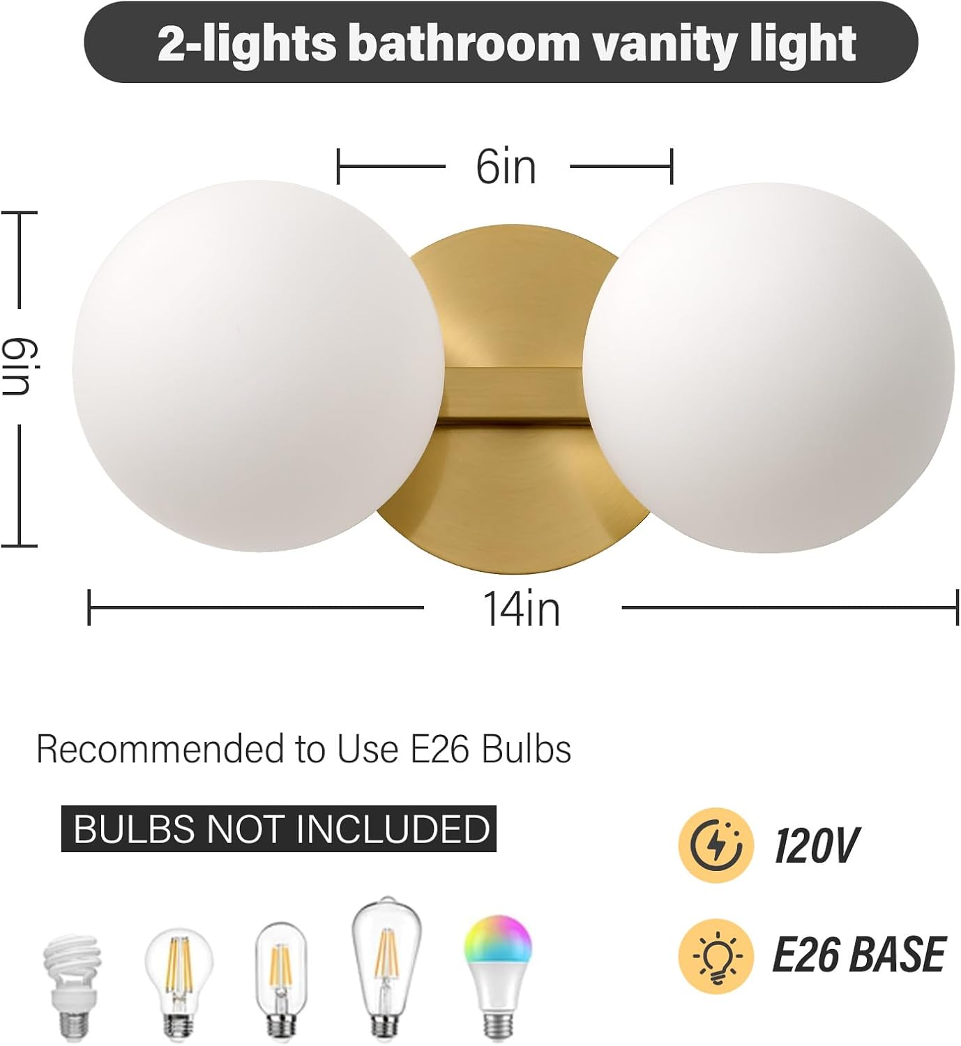 Gold Bathroom Vanity Light Fixtures: Modern Wall Scones With 2 Milk Glass Shades - Globe Makeup Lighting Fixture over Mirror - Brass Ball Powder Room Vanities Lights for Hallway Bedroom Bulbs Excluded