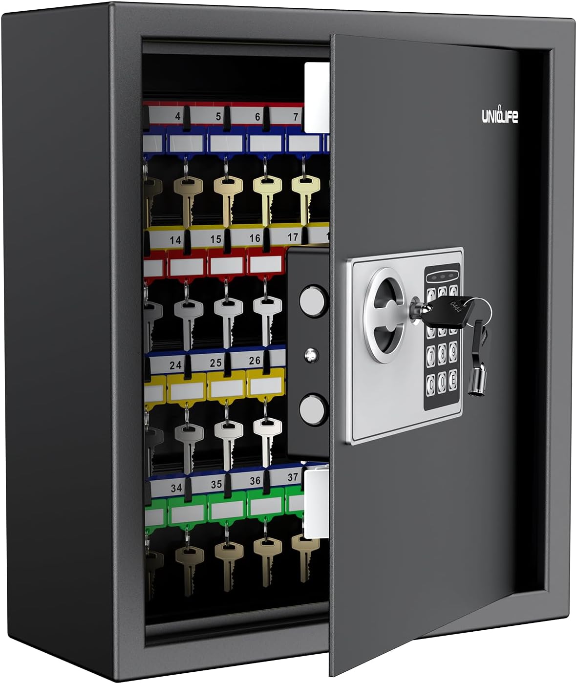 Uniclife 70 Position Key Cabinet with Combination & Key Lock Wall Mounted Security Keys Safe Key Organizer Black Digital with Keypad Adjustable Racks Key Tags & Permanent Pen (Batteries Not Included)