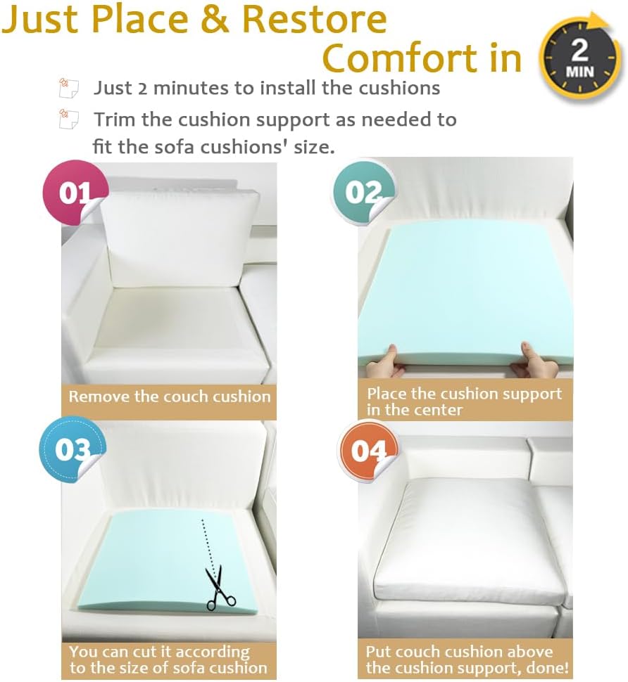 Couch Cushion Supports for Sagging Seat 22'' x 22'' High Density 40D Curved Foam Sofa Cushion Support Under The Saggy Pads Firmer Foam Lifters for Saggy Couch Set of 3 (Blue, 22''*22'')