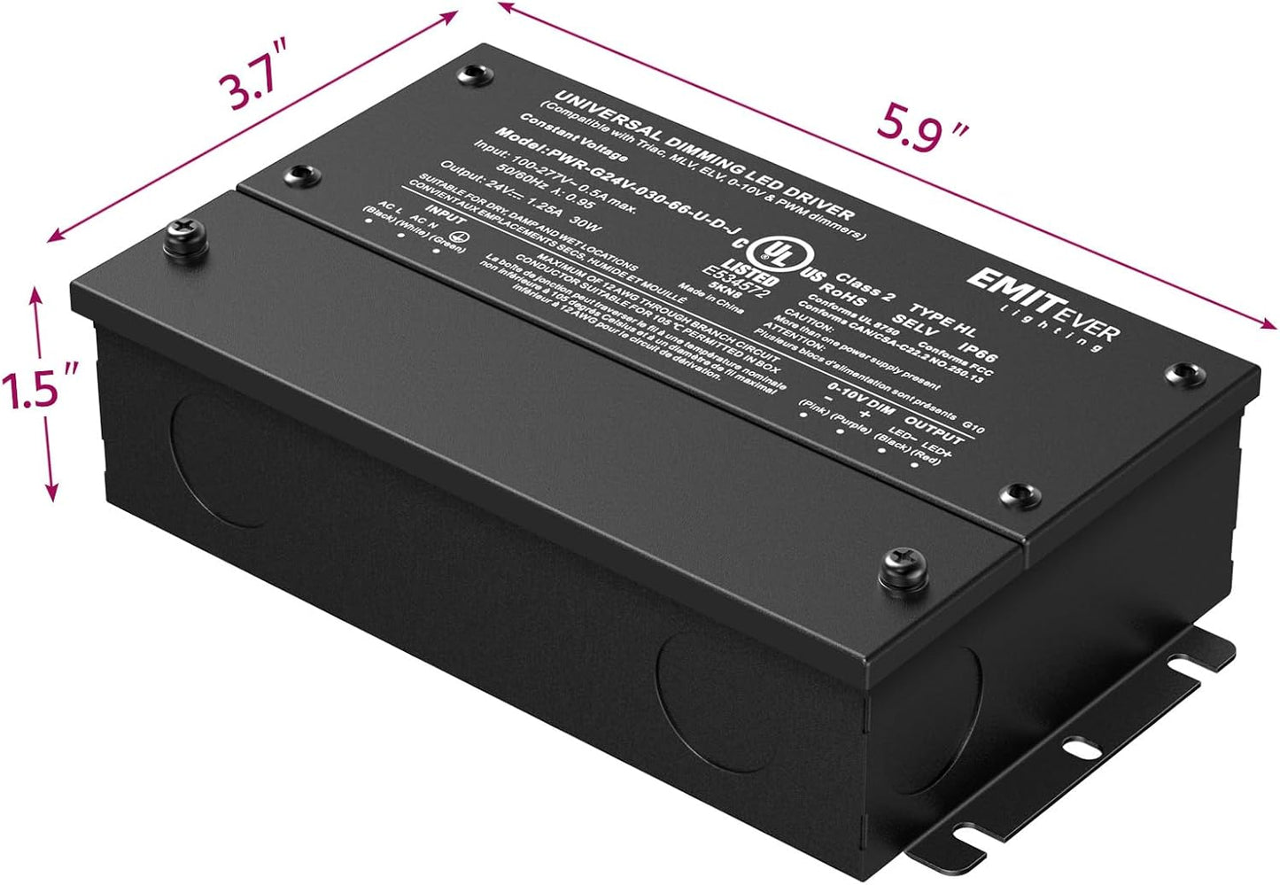 EMITEVER Dimmable Led Driver, 2 Packs 30W AC 110V-277V to DC 24V Transformer, 5-in-1 Dimming: ELV/MLV/TRIAC / 0-10V / 1-10V / 10V PWM/Potentiometer, Waterproof IP67 and UL Listed