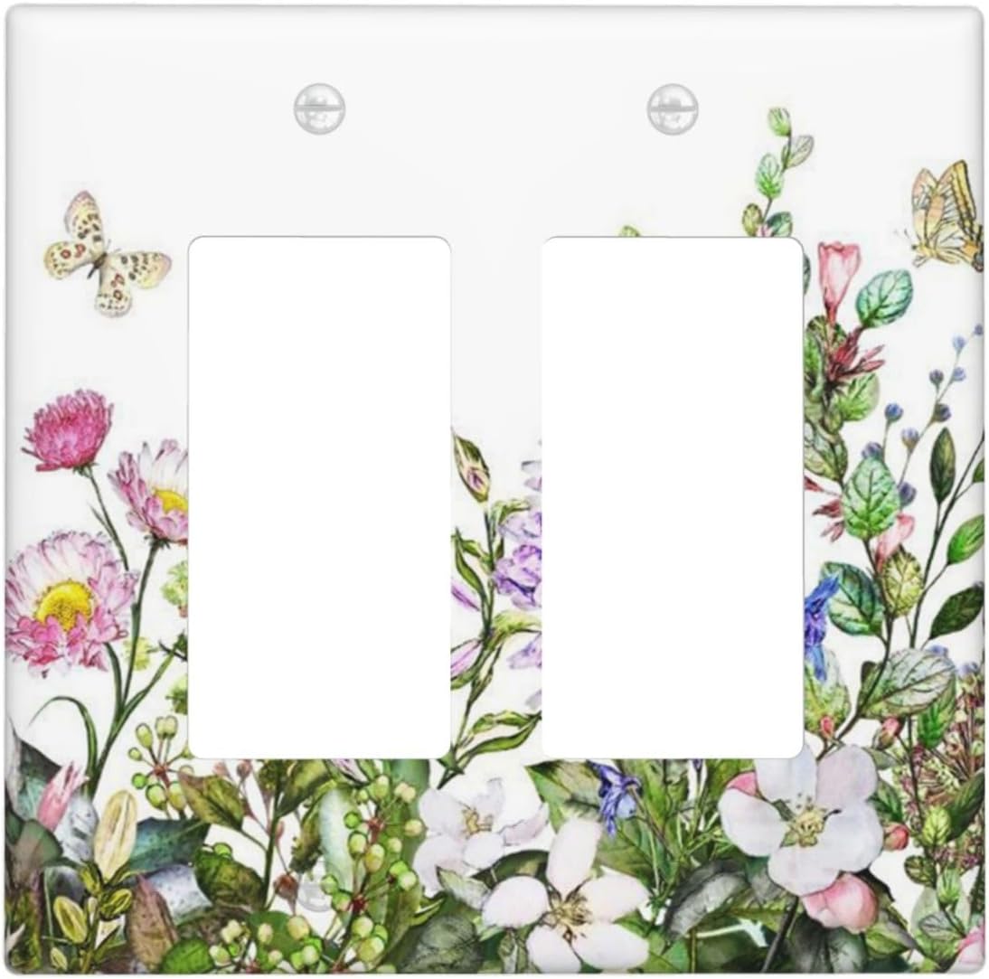 Decorative Outlet Covers Rustic Green Leaf Pink Flowers Butterfly 2 Gang Wall Plate Double Rocker Two Switch Wall Cover Plate Light Switch Cover Plate Faceplate for Country Bedroom Decor