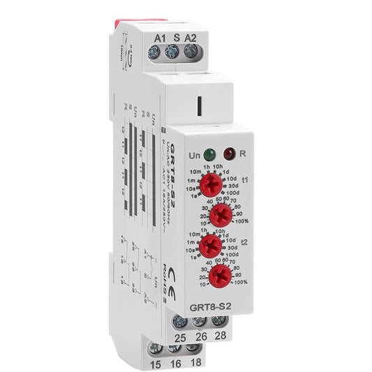 Asymmetric Cycle Timer Relay 2SPDT AC 230V 16A Long or Short Period Repeat Cycle Tntermittent Timer Electronic Relay in Din Rail (GRT8-S2 AC 230V)