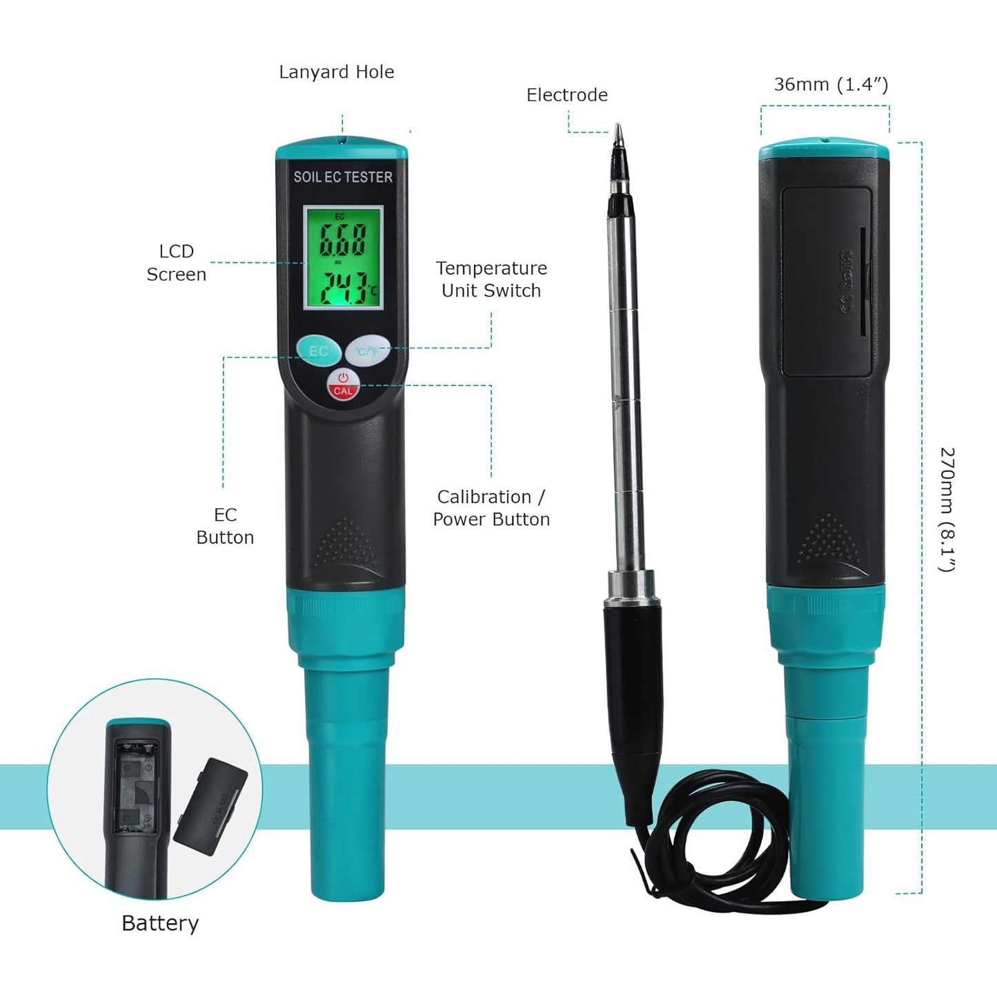 Digital Soil EC Meter 2-in-1 Porfessional Plants EC Temperature Tester Meter with Corded Sensor, Backlight LCD Display, Temperature Compensation, Easy Calibration for Soil Plants Lawn Nutrient Test