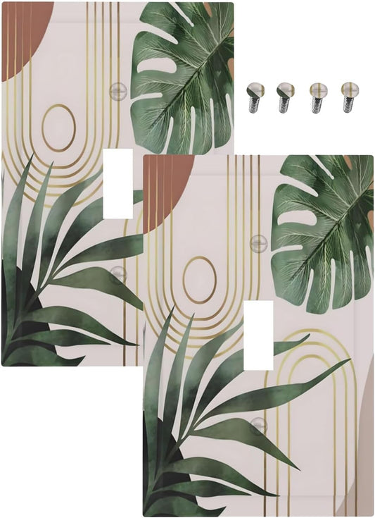 Decorative Light Switch Plate Covers Boho Mid Century Arch Green Leaves 1 Gang Light Switch Cover Plate Single Toggle Wall Plate Outlet Covers Faceplate for Bedroom Decor （ 2 Pack）
